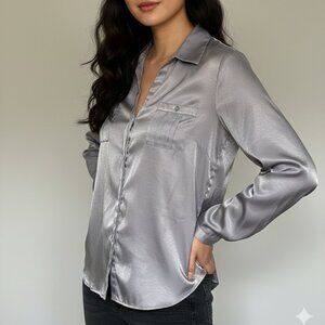 Anne Klein Satin-like Button Down Dress Shirt Long Sleeves Gray XL